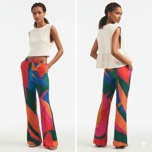 NWT Farm Rio Colorful Abstract Art Leaves Flared Viscose Pants Anthropologie